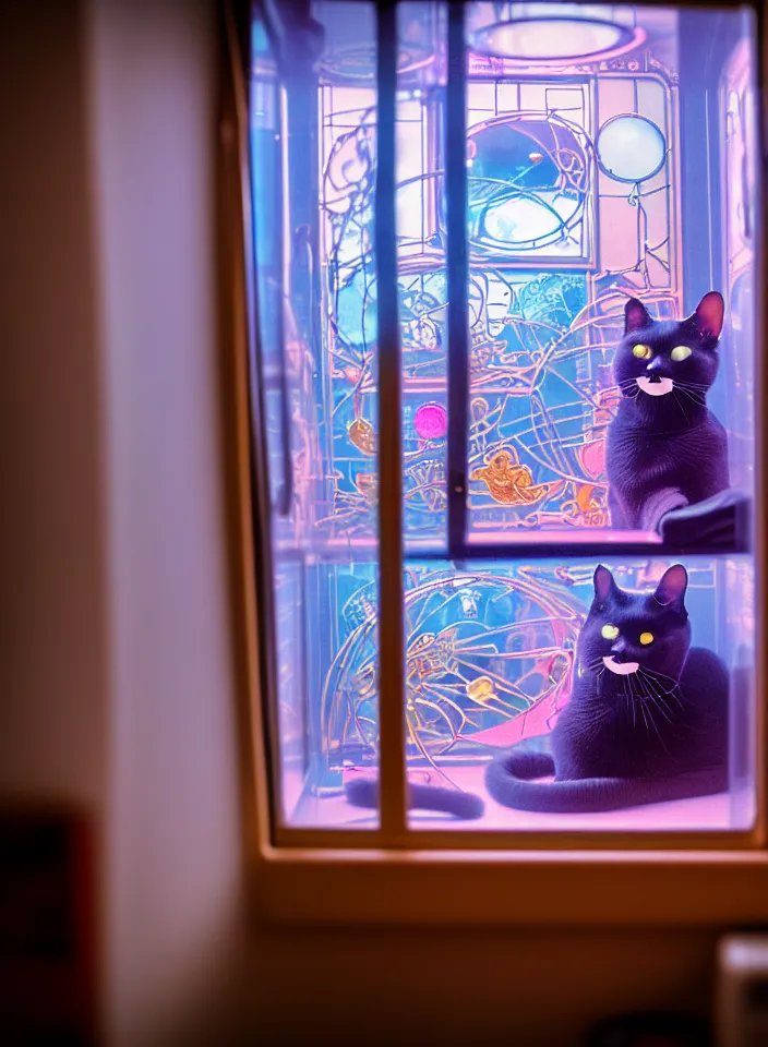 Image similar to telephoto 7 0 mm f / 2. 8 iso 2 0 0 photograph depicting the feeling of chrysalism in a cosy safe cluttered french sci - fi ( ( art nouveau ) ) cyberpunk apartment in a pastel dreamstate art cinema style. ( cat ) ( ( fish tank ) ), ambient light.