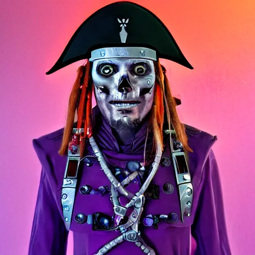 Image similar to a portrait photo of a futuristic sci - fi pirate, purple themed, robot pirate