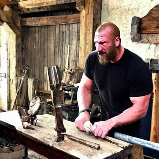 Prompt: triple h as blacksmith, medieval, creating his hammer!!! - n 9