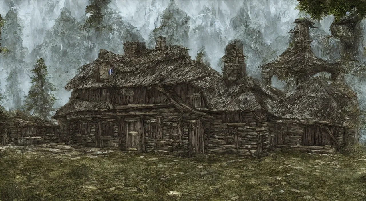 Prompt: concept art of an old rustic house in a forest in skyrim