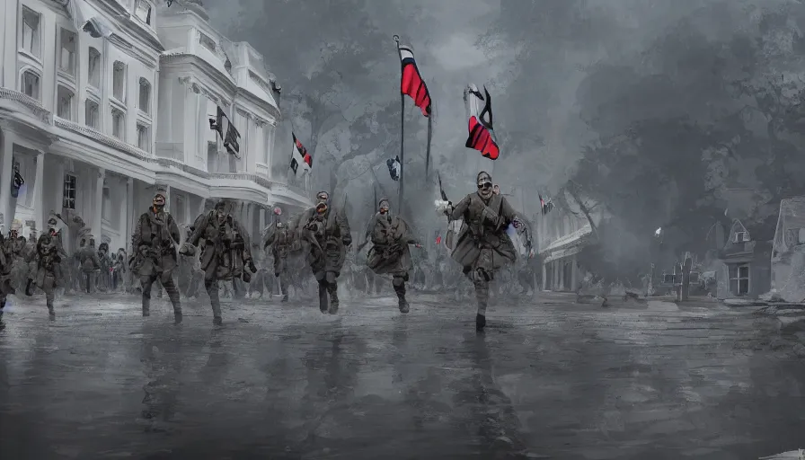 Image similar to white house with nazi flags and german soldiers walking around, hyperdetailed, artstation, cgsociety, 8 k