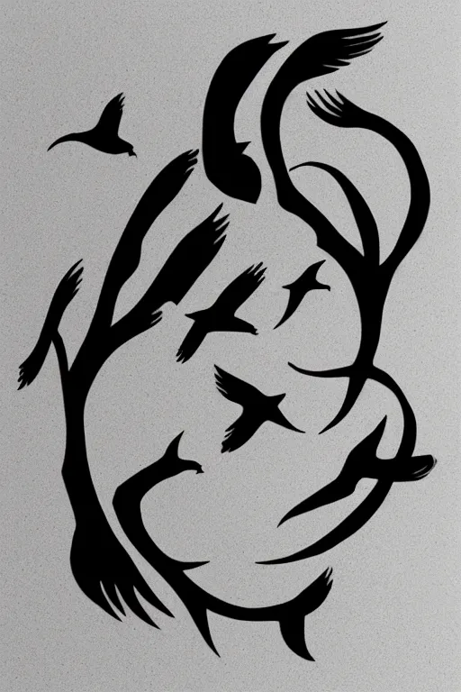 Image similar to a simple tattoo design of minimalist flying birds, by bacht, black ink, abstract logo, line art