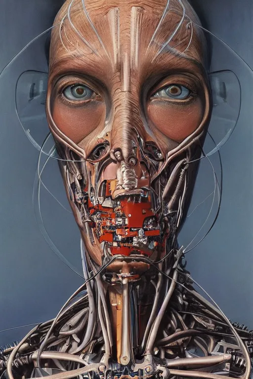 Image similar to beautiful oil painting portrait of biomechanical woman face connected to the machine by chesley bonestell, wayne barlowe, complex, stunning, realistic skin color, 4 k, high res, awardwinning, masterpiece, realistic lighting