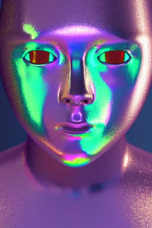Image similar to 3d render of holographic human robotic bust made of glossy iridescent, bust, surrealistic 3d illustration of a human non-binary, non binary model, 3d model human, cryengine, made of holographic texture, holographic material, holographic rainbow, concept of cyborg and artificial intelligence