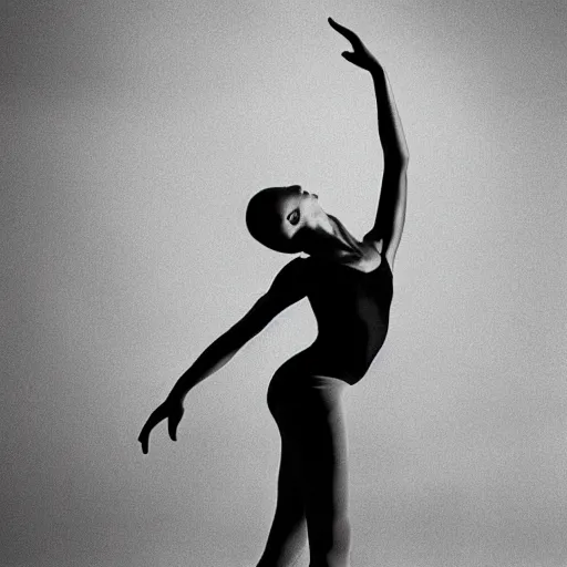 Image similar to cinematic dark photograph of a woman's head and shoulders, ballet pose, with retro futuristic cyborg elements photographed by bill henson