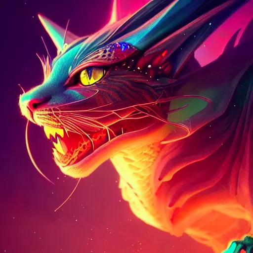 Image similar to beautiful colorful dragon cat. intricate portrait, occult cyberpunk, ancient futuristic, dark art, occult. by Petros Afshar, by artgerm, by Eddie Mendoza, by Peter mohrbacher, octane render, 3d, unreal engine, depth of field, bokeh, motion blur, blur