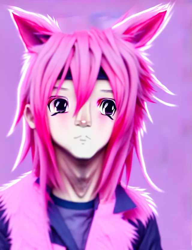 Image similar to portrait of a cute anime boy with pink hair and pink wolf ears and pink wolf tail wearing stylish clothes | | very detailed digital painting, trending on artstation, octane render, random artists