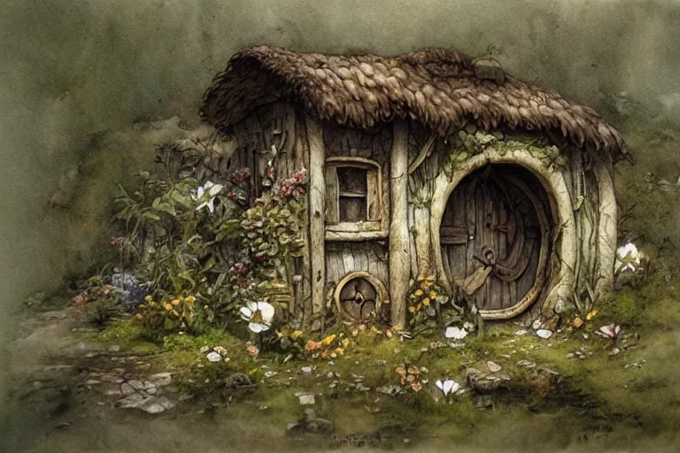 Prompt: jean - baptiste monge painting of a hobbit house. retro airbrush detailed. loose watercolor with hard edges. flower with vines, moss and mushrooms. with white paper background. by jean - baptiste monge,!!!!!!!!!