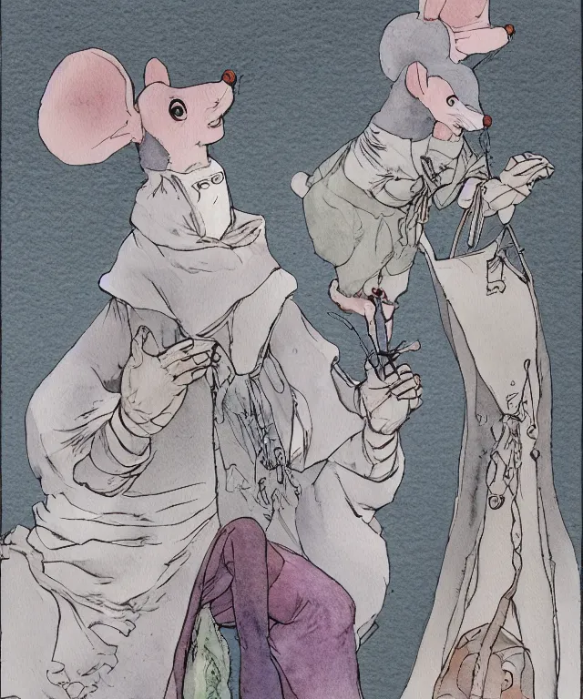 Prompt: a watercolor ink painting of the selfless female anthropomorphic mouse midwife. her wardrobe is complicated in the style of moebius in the style of anti - art trending on artstation deviantart pinterest furaffinity hyper detailed photorealistic highlights and shadow hd 8 k post - processing high resolution