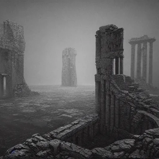 Image similar to an ancient ruin in style of Zdislaw Beksinski, ArtStation, Deviantart HD screenshot