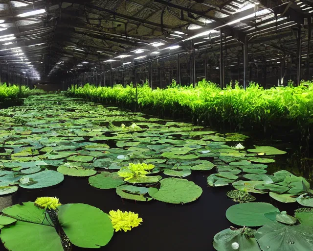 Prompt: A flooded warehouse overgrown with aquatic plants, flowers, lily pads, vines, majestic, dramatic lighting