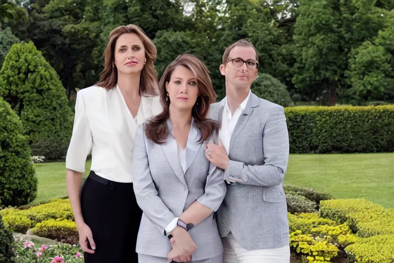 Prompt: press photo of a beautiful thirtysomething powerful female president in a suit, being held romantically by her two younger boyfriends in the white house rose garden, professional photo, press photo, glamorous, 8 k photorealistic, very detailed