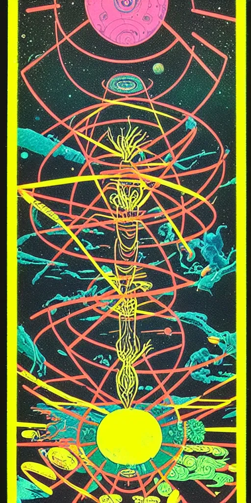 Image similar to 1968 science fiction tarot card, cut out collage, neon Aztec, spring on Saturn, epic theater, deep sea, mountain plants, drawings in part by moebius, part by Ernst Haekl, text by William S Boroughs,