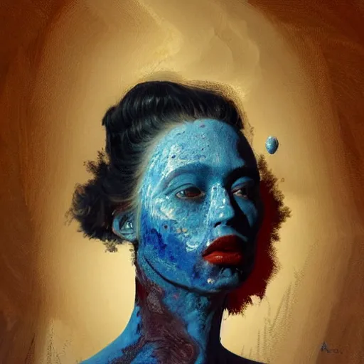 Image similar to a beautiful woman bathed in blue light and standing in a burgundy room looking vacant by arcimboldo, david lynch, greg rutkowski, trending on artstation