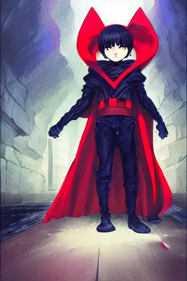 Prompt: little boy with cat ears in an black outfit with red cape. digital painting made by lois van baarle and kentaro miura and marc simonetti and sakimichan, sharpness focus, inspired by hirohiko araki, anatomically correct, heroic composition, hero pose, smooth