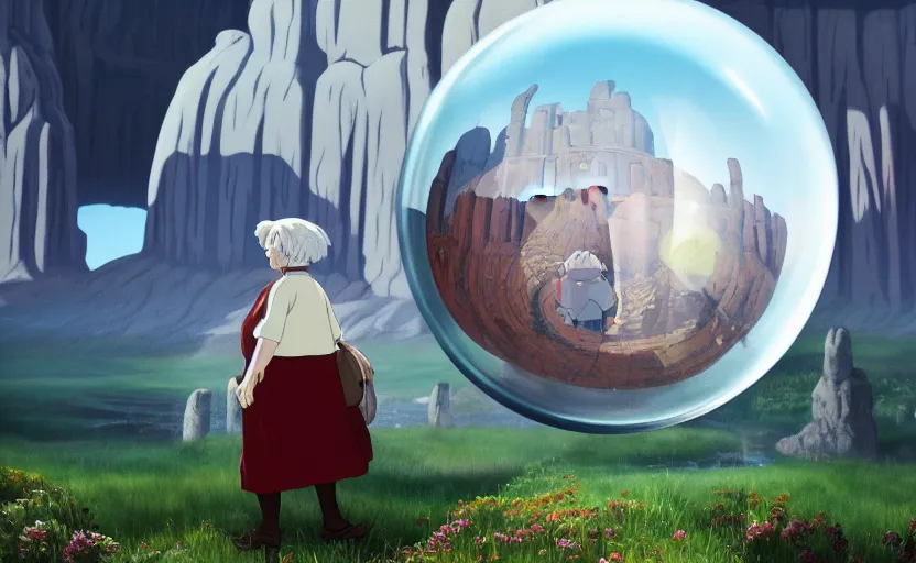 Prompt: a scary hyperrealist painting of a tribal elder in a giant transparent forcefield crystal ball from howl's moving castle ( 2 0 0 4 ) in a flooded monument valley stonehenge jungle. depth perception, 4 k, artstation, in the style of studio ghibli