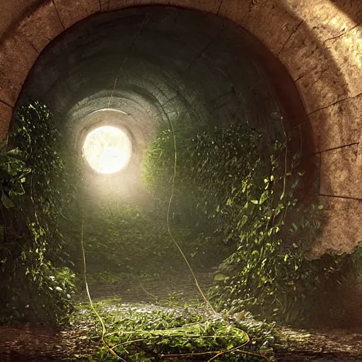 Image similar to a christian cross as the light at the end of the tunnel, with a few vines and overgrowth, concept art by Doug Chiang cinematic, realistic painting, high definition, digital art, symmetrical, very detailed, extremely high detail, photo realistic, concept art, unreal engine 5,