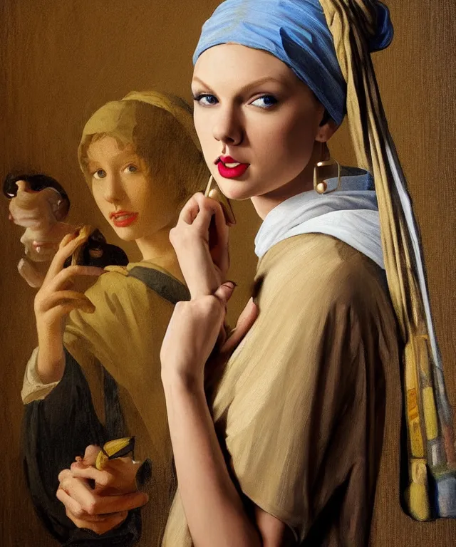 Image similar to Taylor Swift as the girl with the pearl earring, highly detailed, digital painting, artstation, concept art, smooth, sharp focus, illustration, ArtStation, art by artgerm and greg rutkowski and alphonse mucha and J. C. Leyendecker and Edmund Blair Leighton and Katsuhiro Otomo and Geof Darrow and Phil hale and Ashley wood and Ilya repin and Charlie Bowater