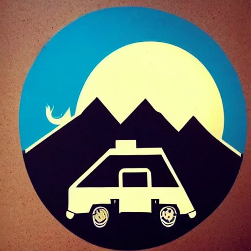 Image similar to a white and black cute thor chateau! motorhome camper!!, mountains, colorful sunset!!, stencil art by tom whalen
