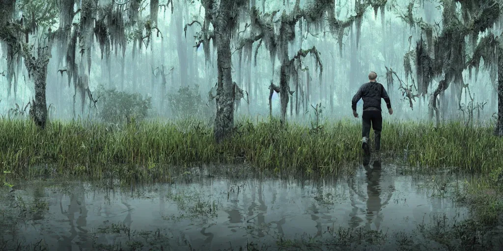 Image similar to A swampy wetland with a man walking through the swamp. Digital art, detailed. Realistic.