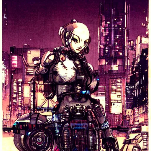 Image similar to android, killer - girl on car, 1 / 6 katsuya terada, style of cyberpunk, night, city,