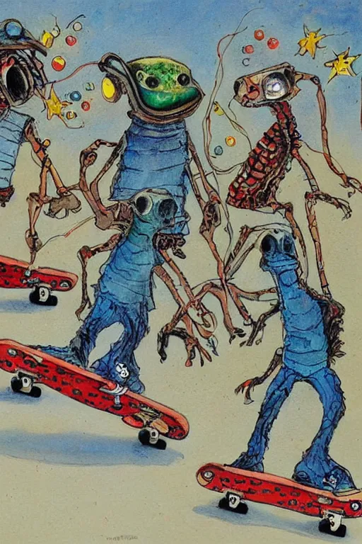 Prompt: aliens riding skateboards by jerry pinkney