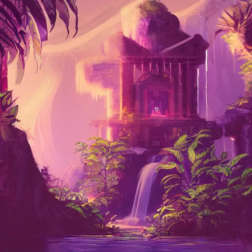 Prompt: ancient temple, plants and waterfalls in the interior of a cave,digital art, retrowave art,trending on art station