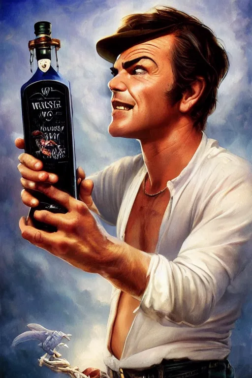 Prompt: a message in a bottle but instead of a ship it is a young jack nicholson in the bottle, jack nicholson, fancy whiskey bottle, masterpiece painting by artgerm and tom bagshaw and boris vallejo and frank frazetta