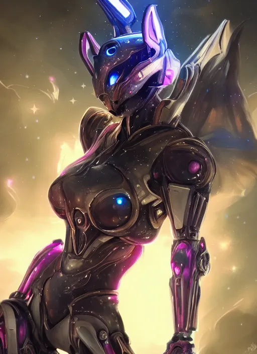 Image similar to cinematic shot, cosmic sized perfectly proportioned stunning beautiful hot female warframe, robot mecha female dragon head, mecha deagon maw, silver armor, fuschia leds, floating in empty space, nebula sized, holding a galaxy, epic proportions, epic size, epic scale, furry art, dragon art, giantess art, warframe fanart, furaffinity, deviantart