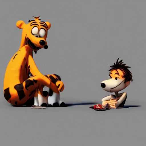 Image similar to Calvin and Hobbes as depressed, sick and dirty homeless adults on crack rock drugs, octane render, sculpture, concept art