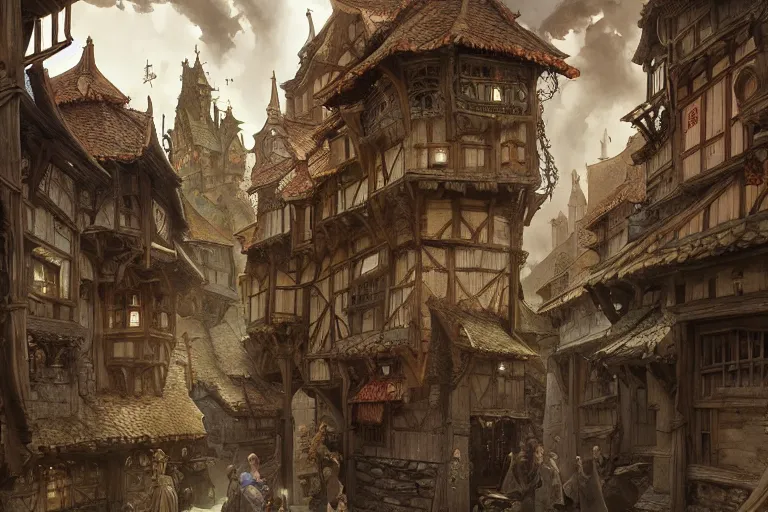 Image similar to dramatic photo of plague-stricken medieval village, highly detailed, digital painting, artstation, concept art, smooth, sharp focus, illustration, art by tian zi and WLOP and alphonse mucha