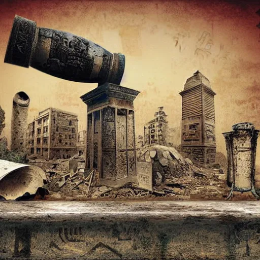 Image similar to a desolate abandonded destroyed city, featuring a mysterious vase covered in hieroglyphs, digital art