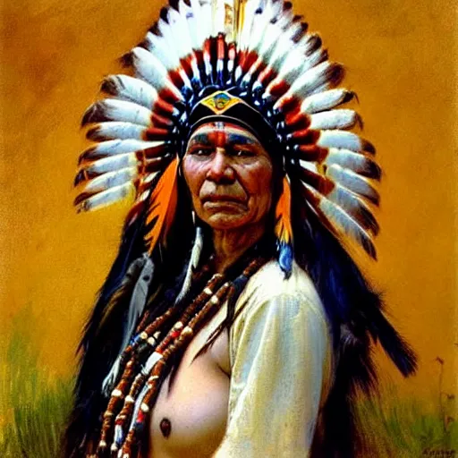 Prompt: gorgeous native american priestess in full headdress. by anders zorn, herber james draper.
