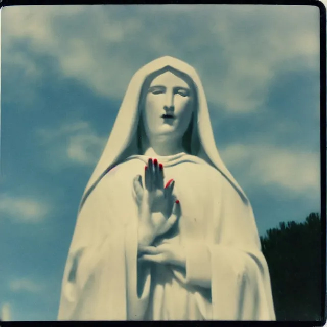 Image similar to vintage polaroid closeup of white mother mary statue crying blood, pictured slightly from below, clear sky with blue clouds in background