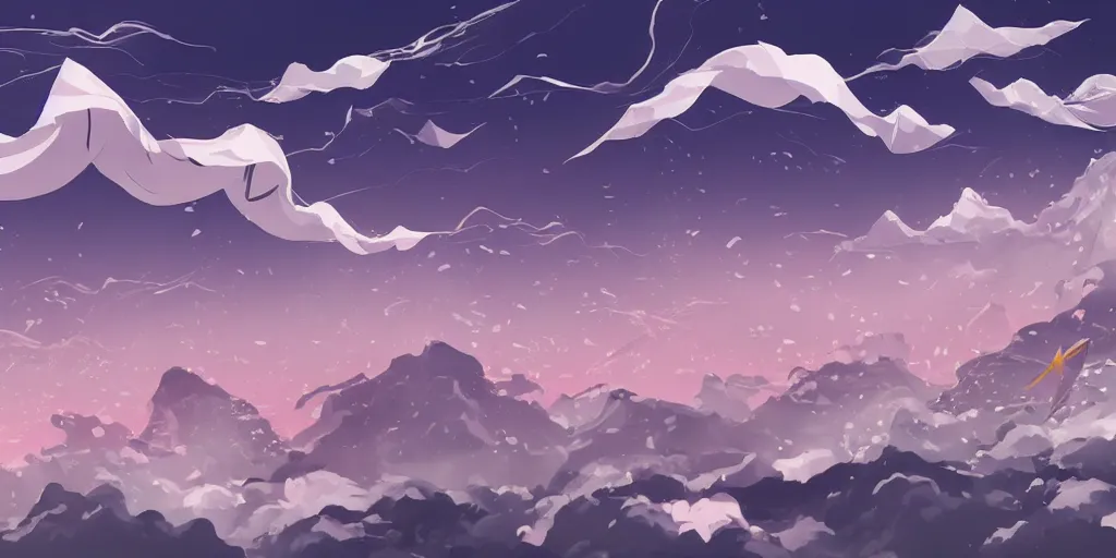 Image similar to background art of flying longswords flowing and floating through the slicing through directional wind on a simple cloudy sky background featuring an enormous tsunami, big puffy clouds, large individual rose petals, lotus petals, angular background elements, large polygonal fragments, anime, studio ghibli, artgerm, manga, trending on artstation, art nouveau, mature color scheme