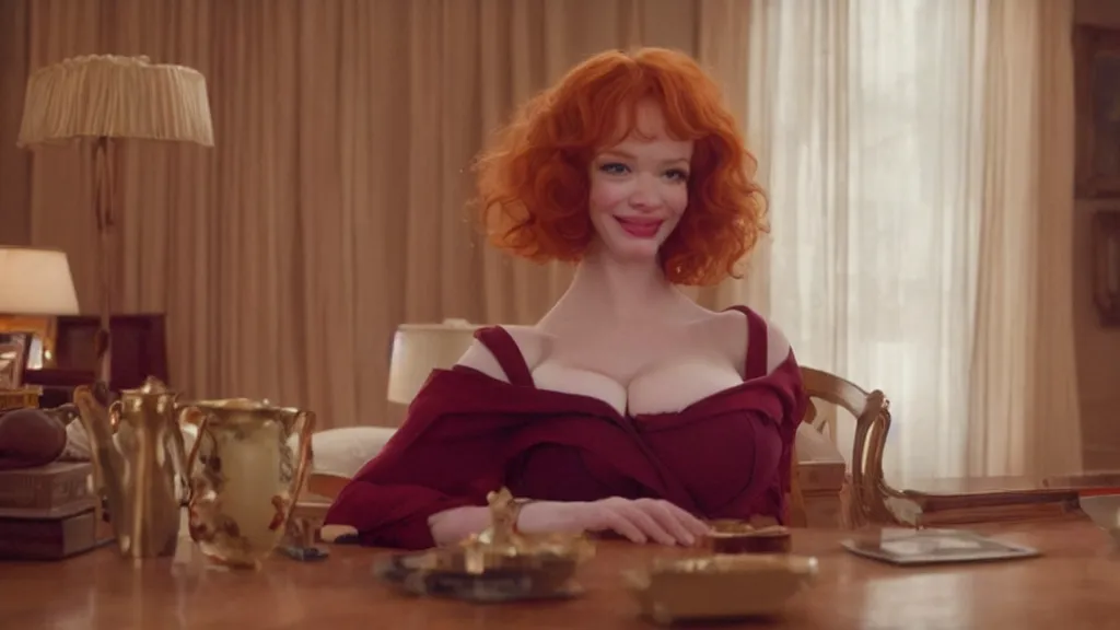 Image similar to a very happy beautiful Christina Hendricks in the living room, film still from the movie directed by Denis Villeneuve with art direction by Salvador Dalí, wide lens