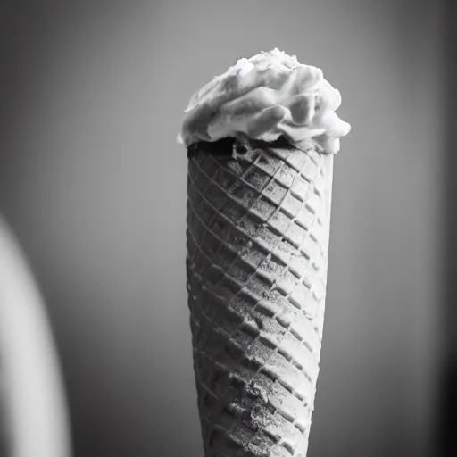 Prompt: a dramatic black-and-white macro photograph of an ice cream cone dressed in formal wear, ready for the banquet. Shallow depth-of-field.