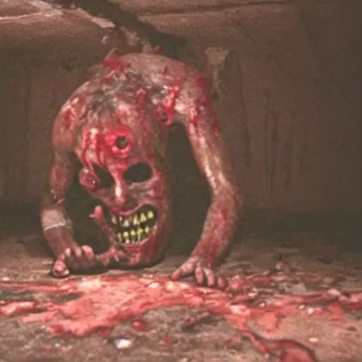 Prompt: terrifying found footage of a disturbing demon in a blood - soaked basement