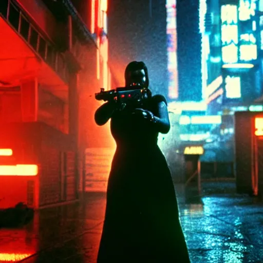 Image similar to jennifer connelly starring in a cyberpunk movie in a distopic futuristic city in the style of bladerunner, firing a gun, muzzle flash, movie still, highly detailed, rainy night, volumetric lights, dramatic, scifi, sharp focus