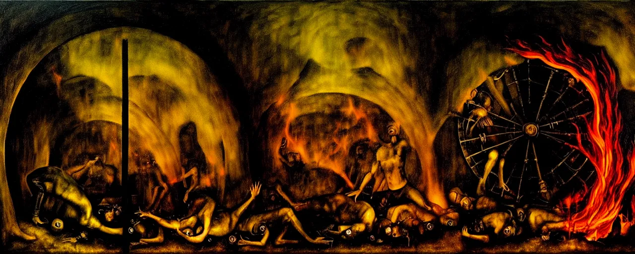 Prompt: trapped on a hedonic treadmill, dark uncanny surreal painting by bosch, dramatic lighting from fire glow, mouth of hell, ixions wheel