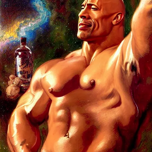 Image similar to muscular dwayne the rock johnson wears leather and drinks martinis at a celestial dance club and falls in love with the handsome god jupiter, painting by gaston bussiere, craig mullins, j. c. leyendecker, tom of finland