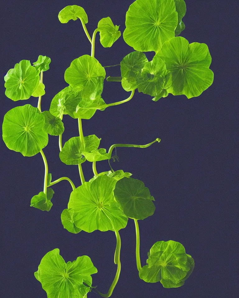 Prompt: photorealistic still life of nasturtium surrounded by blueish smoke with soft light piercing through a side window in a pitch black dark room