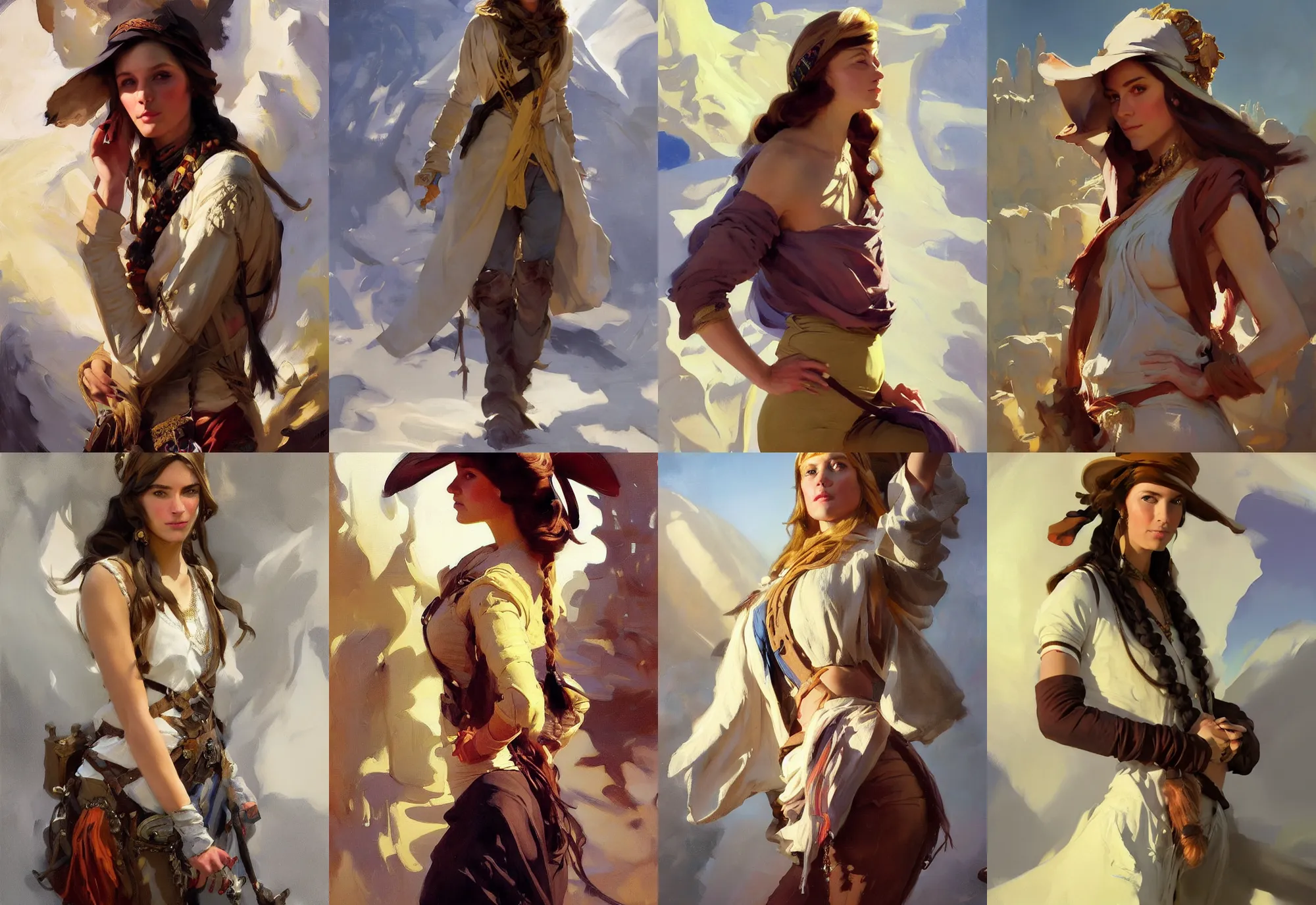 Image similar to portrait of hippie model girl jodhpurs hyperborea winter traveler treasure hunter greg manchess painting by sargent and leyendecker, fantasy, medium shot, asymmetrical, intricate, elegant, matte painting, illustration, hearthstone, by rhads, by greg rutkowski, by greg tocchini, by james gilleard, by joe fenton