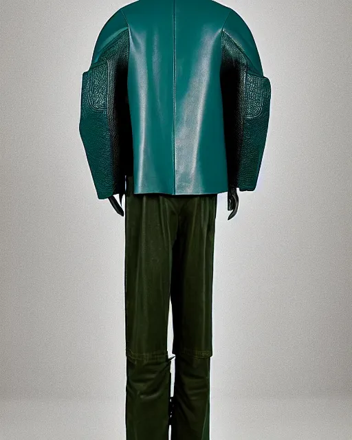 Prompt: an award - winning photo of a teal cropped extremely baggy ancient medieval designer menswear leather jacket with an oversized large collar and baggy bootcut trousers designed by alexander mcqueen, 4 k, studio lighting, wide angle lens