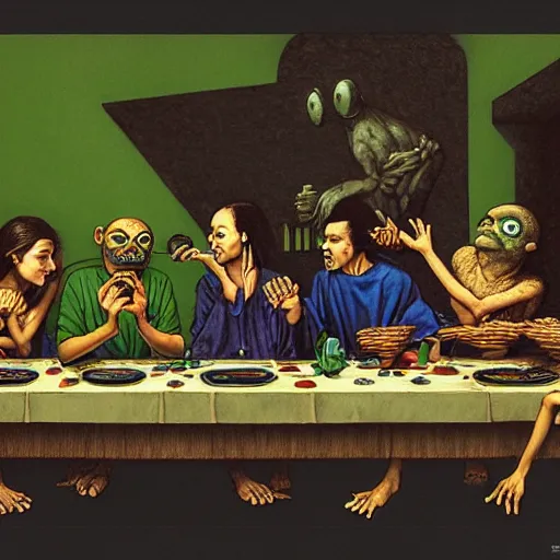 Image similar to pepe the frog eating at last supper with disciples, bitcoin and crypto graphs and charts in walls, cinematic horror by chris cunningham, junji ito, aleksandra waliszewska, richard corben, norman rockwell, highly detailed, vivid color, beksinski painting, part by adrian ghenie and gerhard richter. art by takato yamamoto. masterpiece