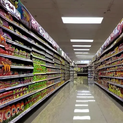 Prompt: photo of a grocery store interior, the aisles is flooded with two meters deep water. eerie, volumetric lighting.