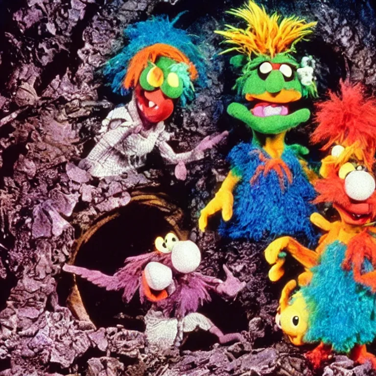 Prompt: gobo fraggle and wembley fraggle discover an ancient city buried deep beneath fraggle rock, lovecraftian cosmic horror, 1 9 8 0 s, vhs, still frame