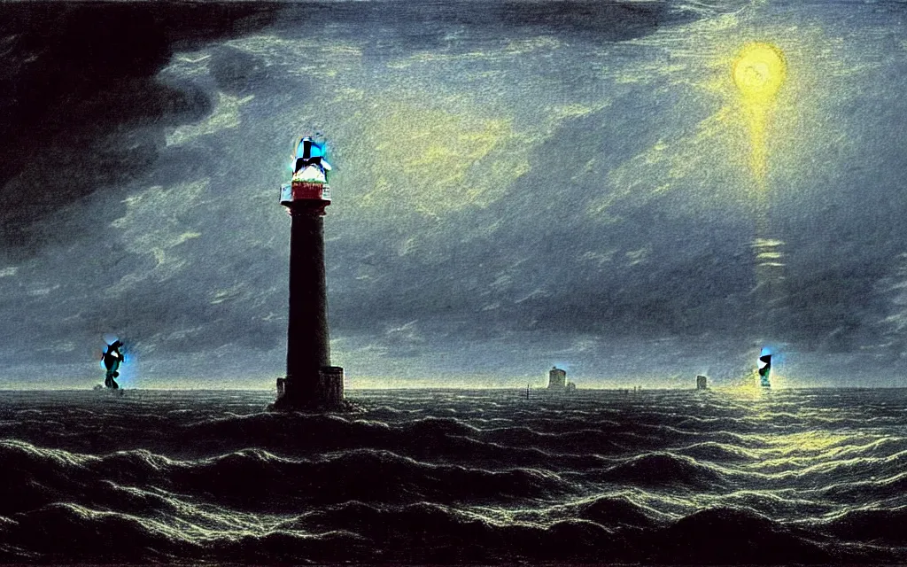 Prompt: a lighthouse in the middle of the ocean, painting by Caspar David Friedrich, gothic art, apocalypse landscape, atmospheric, nightscape, highly detailed