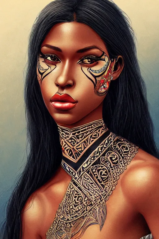 Image similar to A bust of a beautiful dark skinned Maori girl with large lips and smooth eyebrows and straight hair, HD, illustration, epic, fantasy, intricate, elegant, amazing detail, digital painting, artstation, concept art, smooth, sharp focus, illustration, art by Turine Tran
