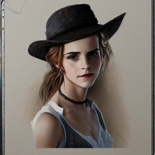 Image similar to sensual emma watson wearing a hat and a dress, looking seductive, cowgirl, hyperrealistic, artgerm, greg rutkowski, artstation, highly detailed